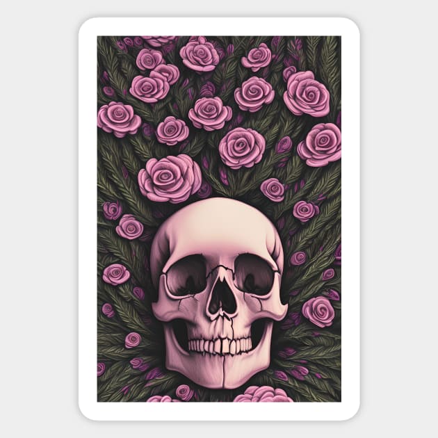 Skull and Roses | Life and Death | Beautiful Skull and Flowers | Floral Skull Artwork Sticker by GloomCraft